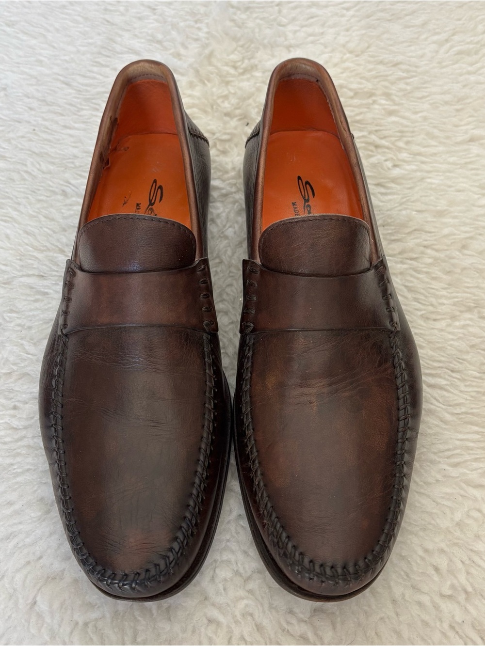 Santoni Dark Brown Leather Penny Loafers with Orange Lining size 9.5